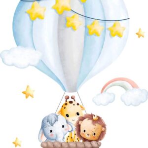 Lámina elefante, jirafa y león bebes en globo