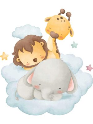 Lámina infantil animales en la nube, jirafa, león y elefante bebés