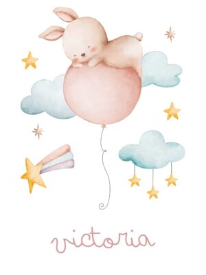 Lámina infantil personalizada conejito flotando entre estrellas
