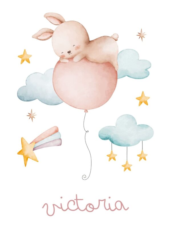 Lámina infantil personalizada conejito flotando entre estrellas Lámina infantil personalizada conejito flotando entre estrellas