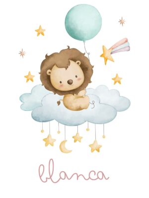 Lámina infantil personalizada león flotando entre estrellas