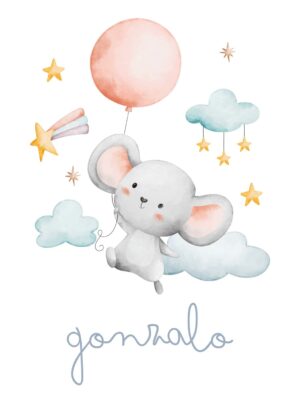 Lámina infantil personalizada ratoncito flotando entre estrellas