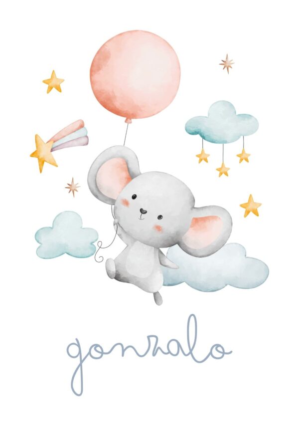Lámina infantil personalizada ratoncito flotando entre estrellas Lámina infantil personalizada ratoncito flotando entre estrellas