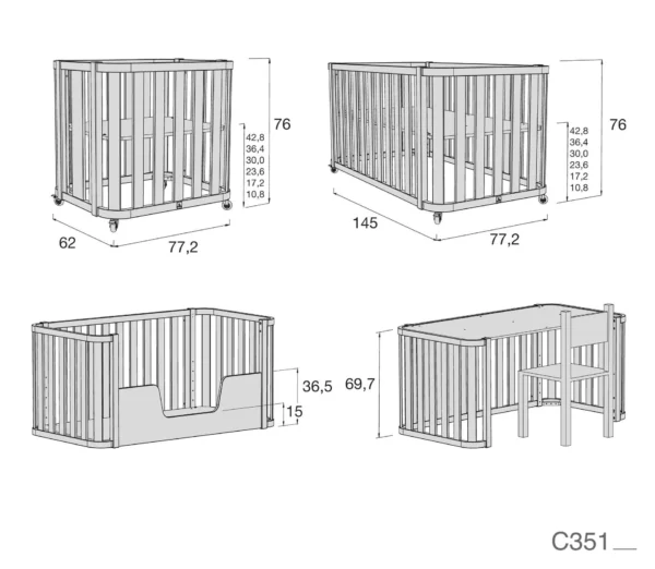 Minicuna-cuna-cama-escritorio Crea Plus Tre madera/gris (4en1)