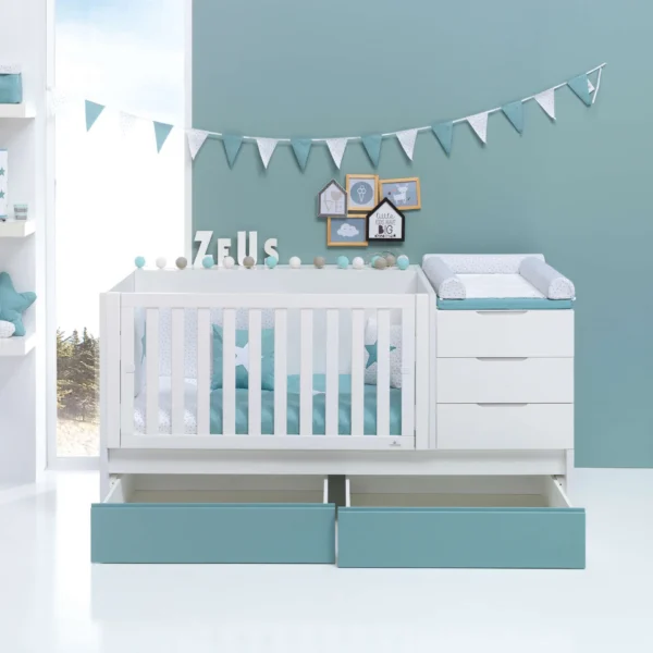 Cuna convertible Sero More Blanca/Verde-Agua 70x140 cm