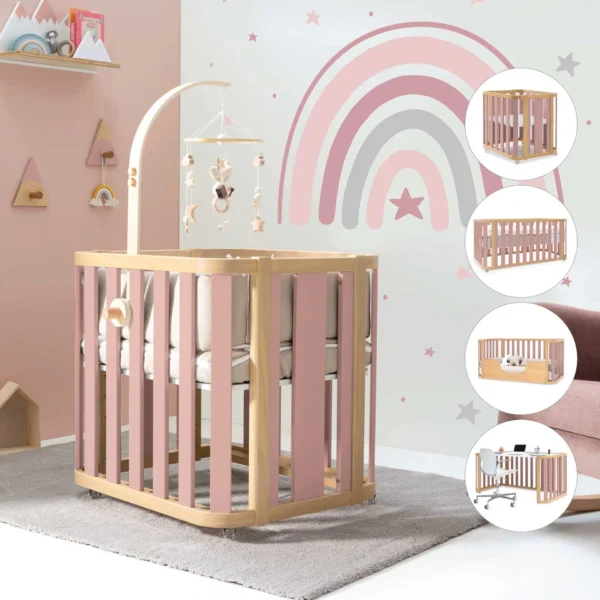 portada-c351-rosa Minicuna-cuna-cama-escritorio Crea Plus Tre madera/rosa (4en1)