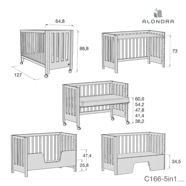 Cuna colecho Occa madera/azul 60x120 cm (5en1)