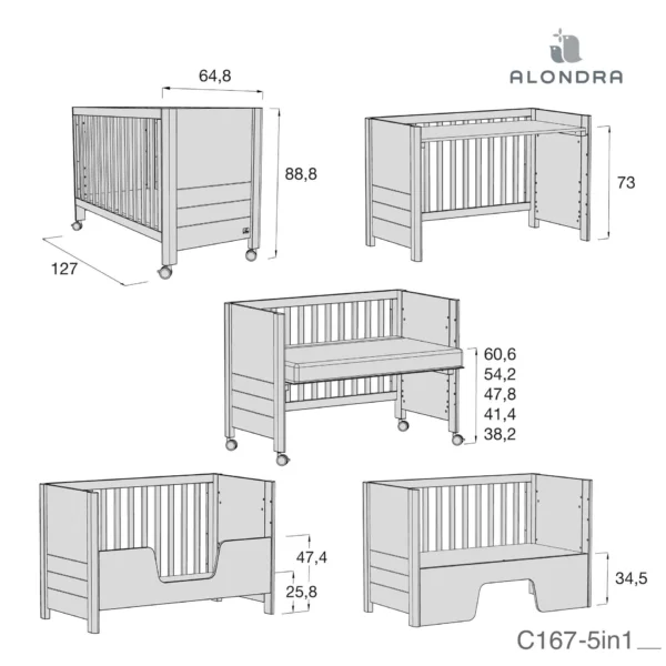 Cuna de madera Ombra Liberty con vinilo de flores rosas 60x120 cm