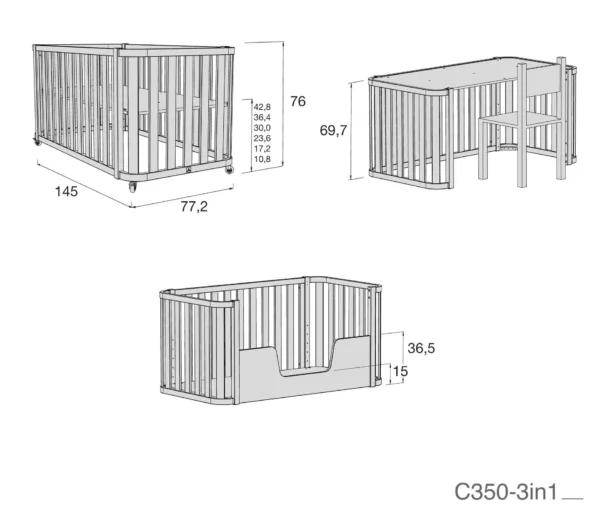 Cuna-cama evolutiva Crea Plus Due madera/verde 70x140 cm (3en1)
