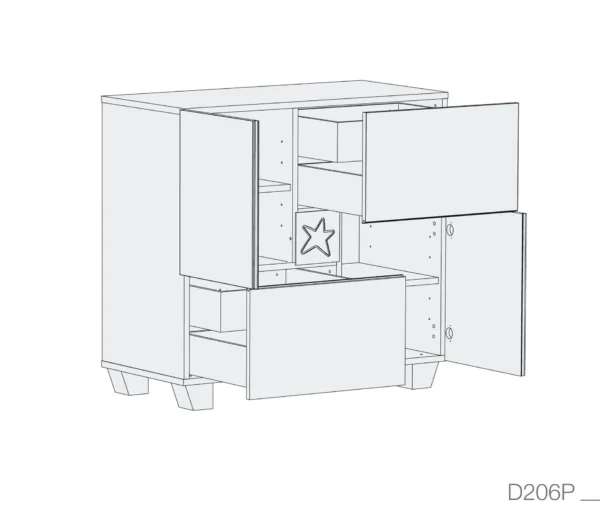 D206P-TECH-OPEN_ac7c4bec-7634-4006-bd8f-62297a93fd08 Cómoda infantil blanca Clip con 2 puertas y 4 cajones