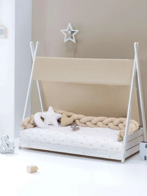 Cama cabaña Montessori Homy XL blanca textil beige 90x200