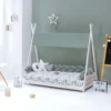Cama cabaña Montessori Homy XL blanca textil verde eucalipto 90x200