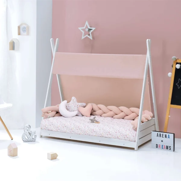 Cama cabaña Montessori Homy XL blanca textil flores rosa 90x200