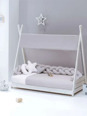 Cama cabaña Montessori Homy XL blanca textil gris 90x200