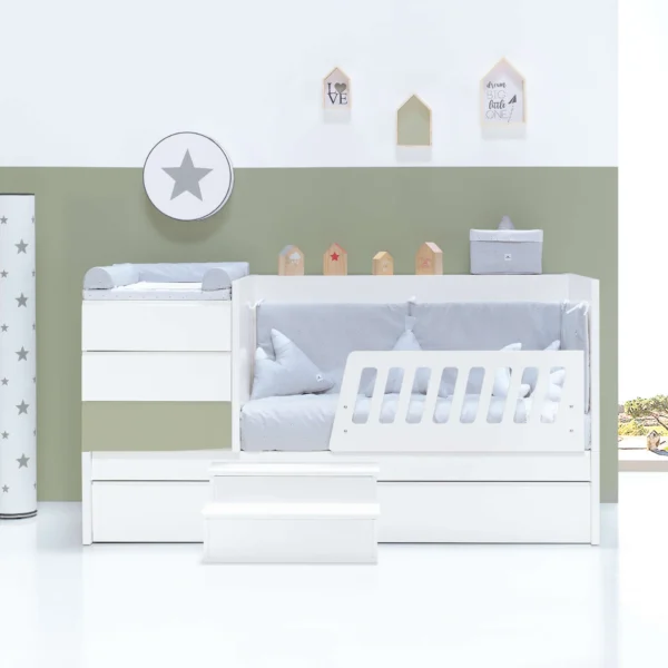 Cuna convertible Sero Kubo blanco/verde-oliva 70×140 cm
