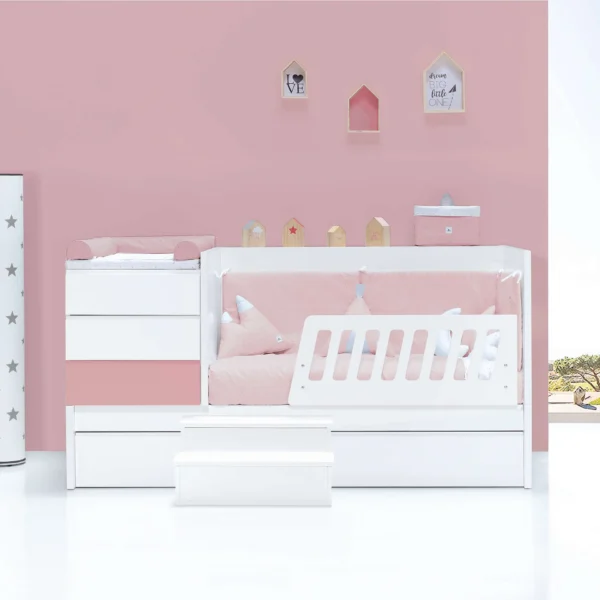 Cuna convertible Sero Kubo Quarzo blanca/rosa 70×140 cm