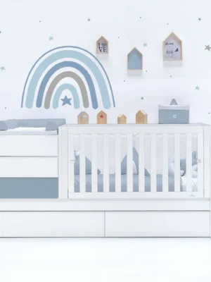 Cuna convertible Sero Kubo blanca/azul 70×140 cm