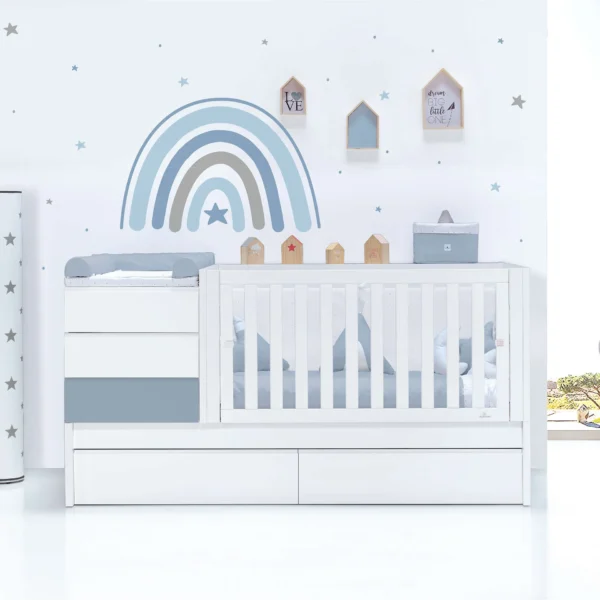 Cuna convertible Sero Kubo blanca/azul 70×140 cm