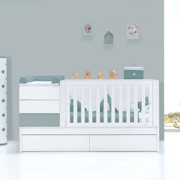 Cuna convertible Sero Kubo blanca/eucalipto 70×140 cm