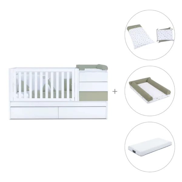 Cuna convertible Sero Kubo blanco/verde-oliva 70×140 cm