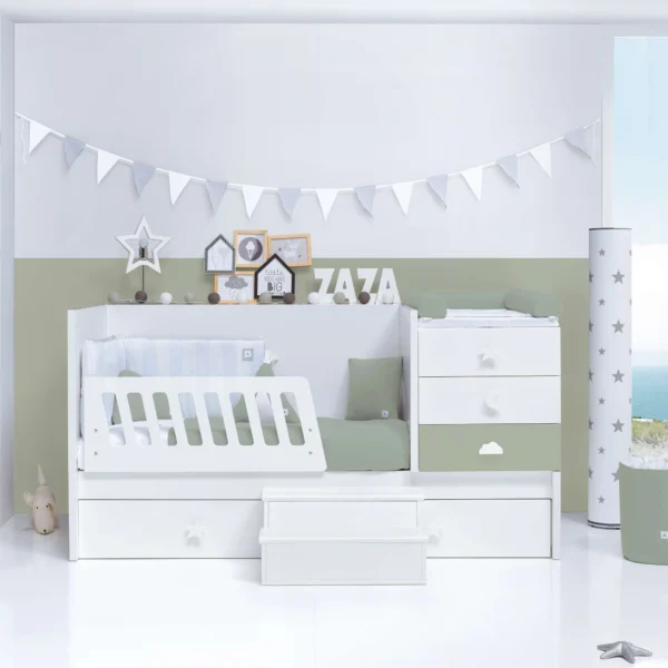 Cuna convertible Sero Bubble blanco/verde-oliva 70x140 cm