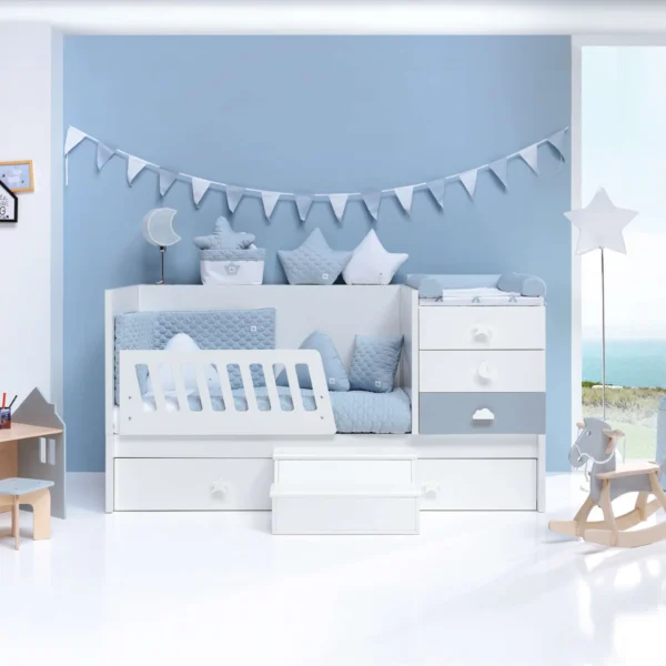 Cuna convertible Sero Bubble blanco/azul 70x140 cm