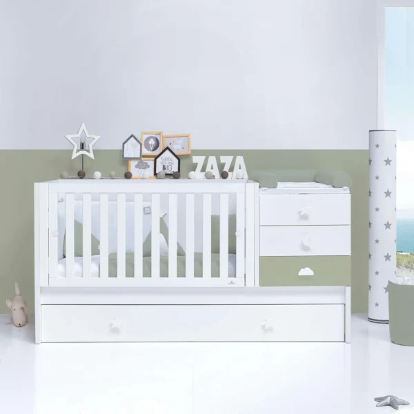 Cuna convertible Sero Bubble blanco/verde-oliva 70x140 cm
