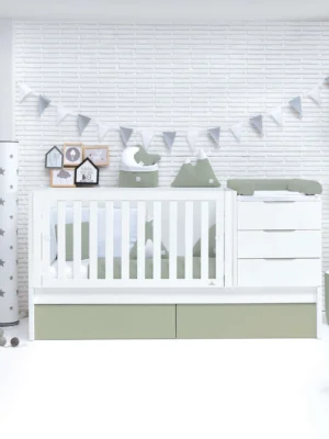 Cuna convertible Sero More blanca/verde-oliva 70×140 cm