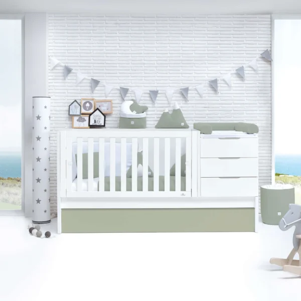 Cuna convertible Sero More blanca/verde-oliva 70×140 cm
