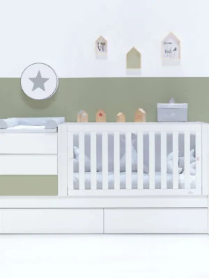 Cuna convertible Sero Kubo blanco/verde-oliva 70×140 cm