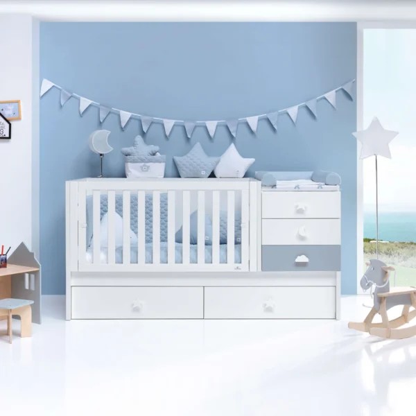 Cuna convertible Sero Bubble blanco/azul 70x140 cm
