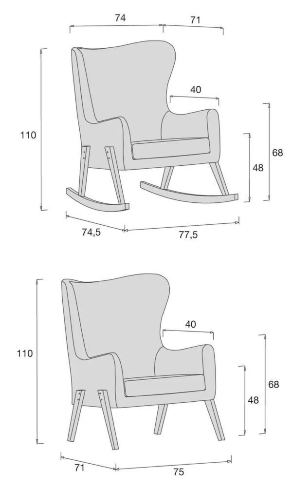 Mecedora de lactancia Glam con patas blancas tapizada en tela