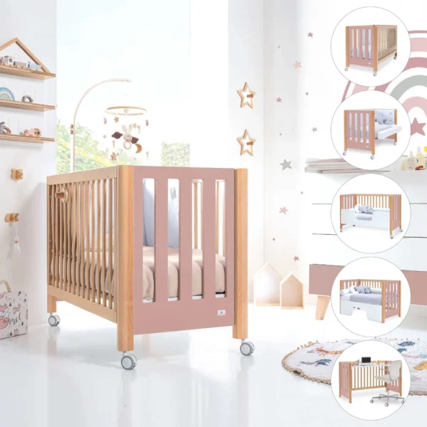 Cuna colecho Occa madera/rosa 60x120 cm (5en1)