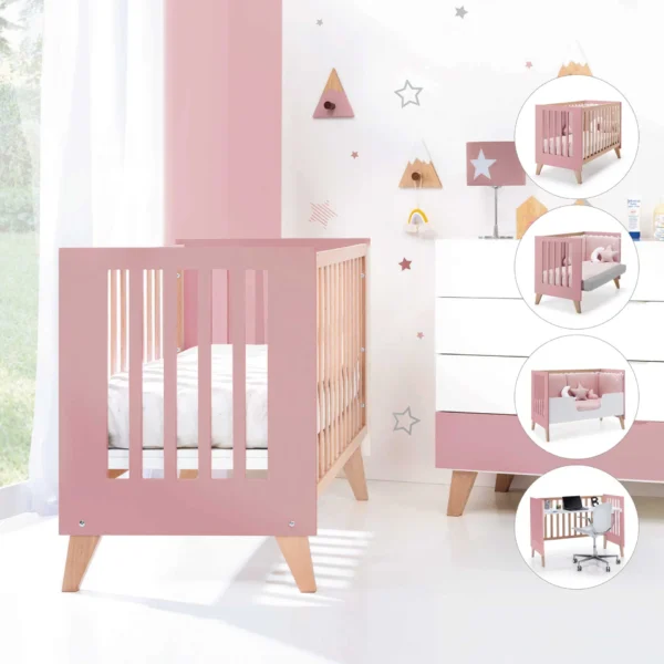 Cuna colecho Nexor Due Quarzo madera/rosa 60x120 cm (4en1)