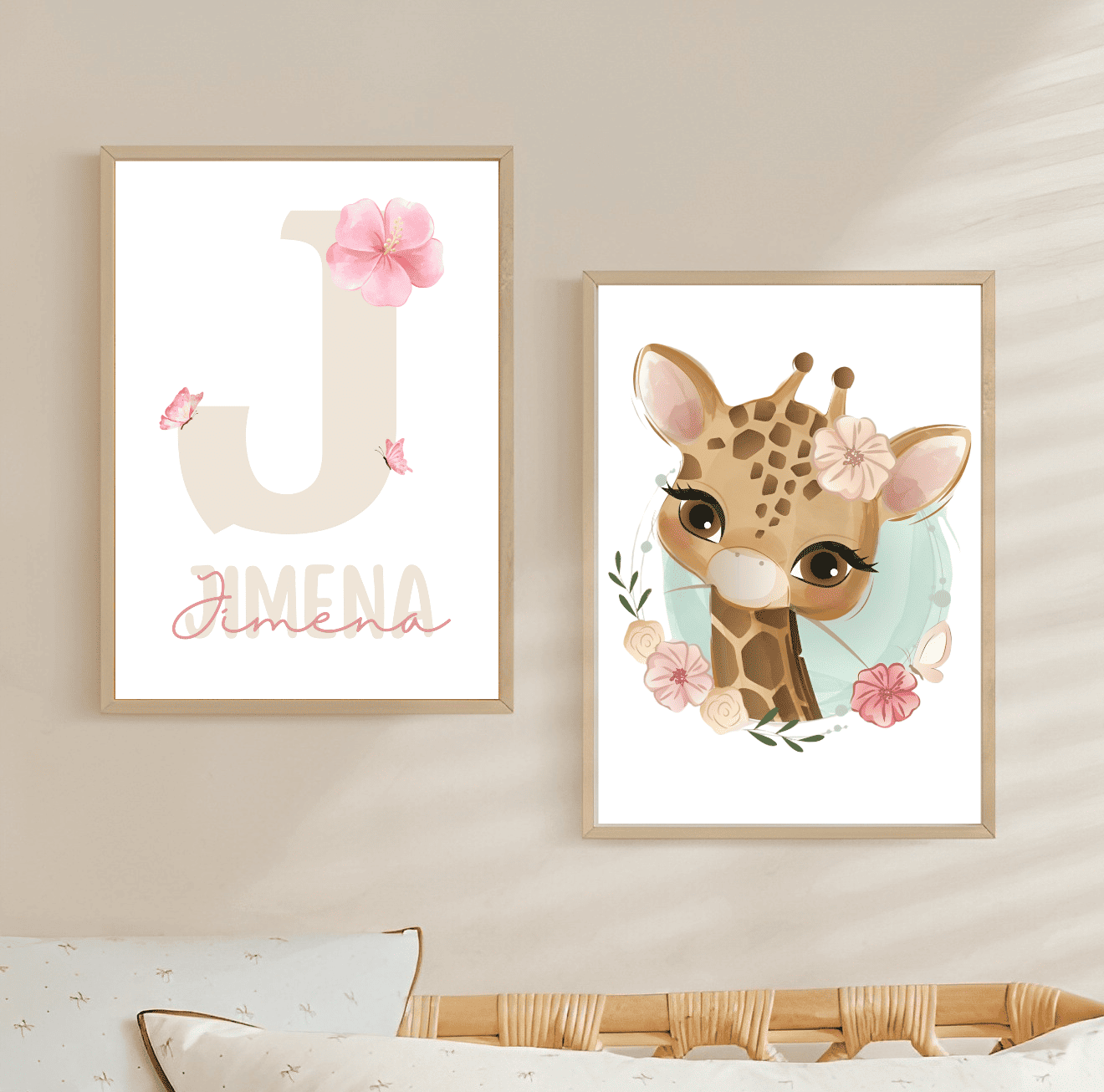 Conjunto de láminas infantiles jirafa con flores