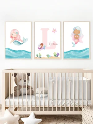 Conjunto de láminas infantiles El Reino de las Sirenas Rosa Conjunto de láminas infantiles El Reino de las Sirenas Rosa