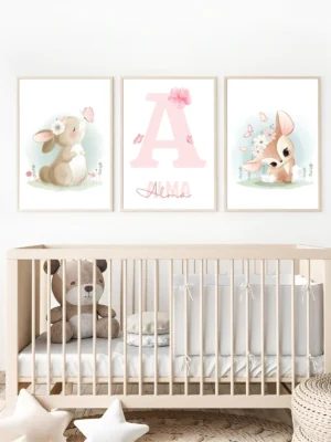 Conjunto de láminas infantiles conejito y ciervo rosa