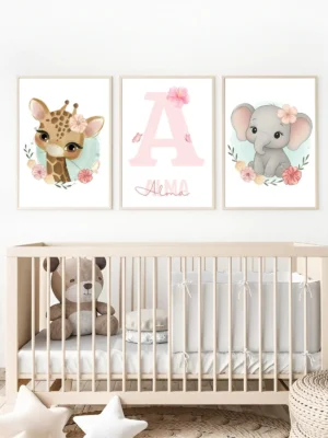 Conjunto de láminas infantiles jirafa y elefantito rosa