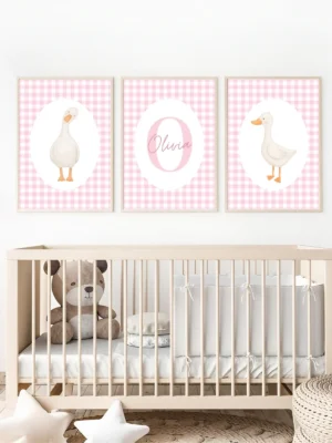 Conjunto de láminas infantiles Patitos Vichy rosa
