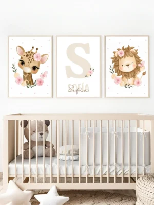 Conjunto de láminas infantiles Safari de Flores beige