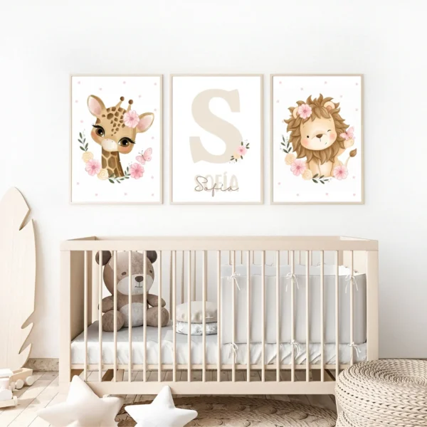 Conjunto de láminas infantiles Safari de Flores beige Conjunto de láminas infantiles Safari de Flores beige